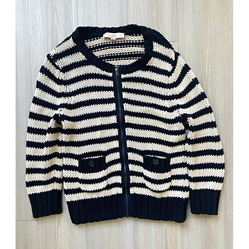 LOFT Women's Navy Ivory Striped Knit Full Zip Crewneck Cardigan Sz M Fall Preppy